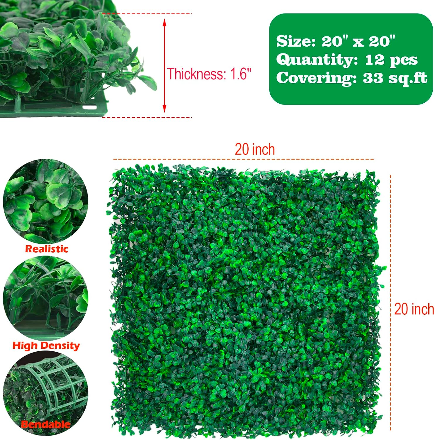 AUCT 18435 - $64 Boxwood Panels 20x20 inch Grass Wall Panels-12 Pack Artificial Boxwood Panel for Green - Image 3