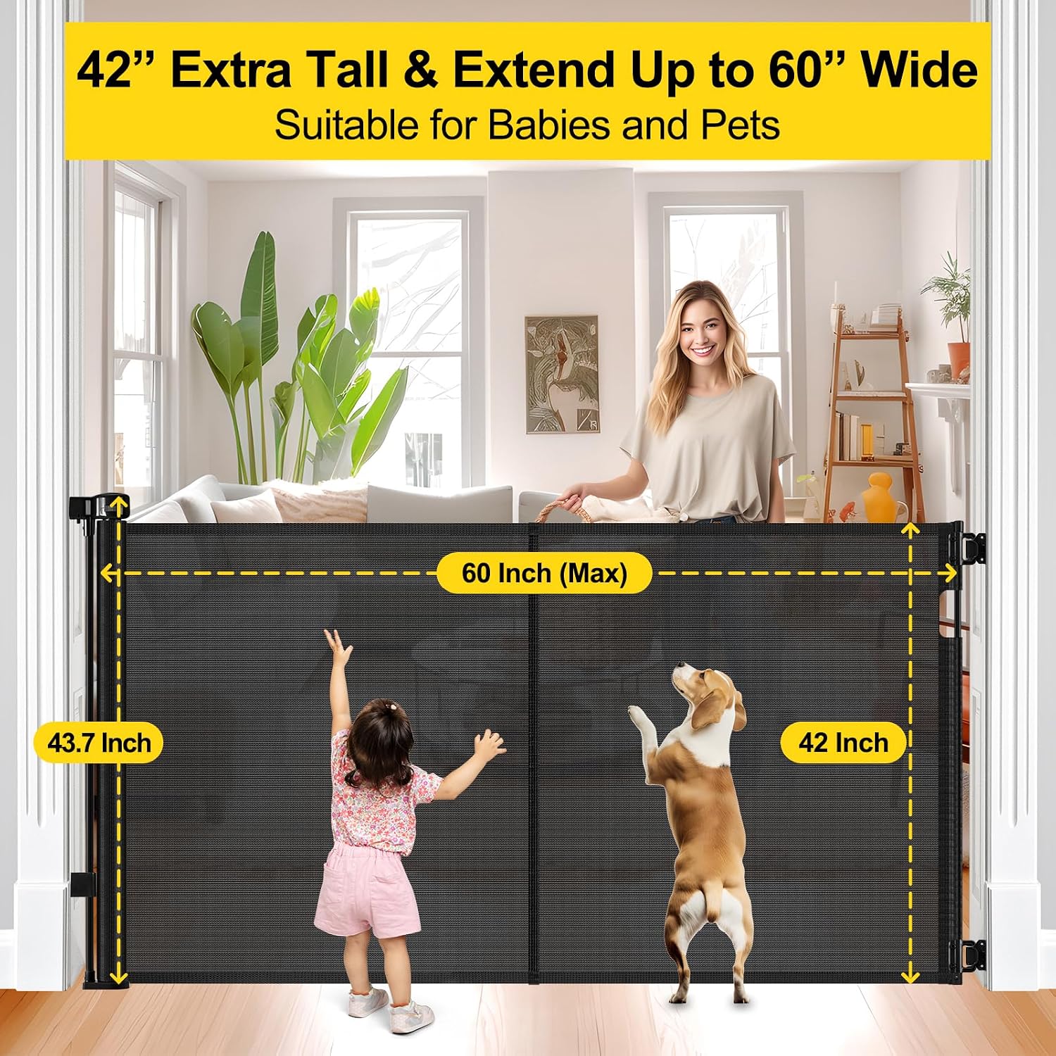 AUCT 18574 - Reinforced 42" Extra Tall Retractable Baby Gates with Rods, Extends up to 60" Wide, Tall R - Image 4