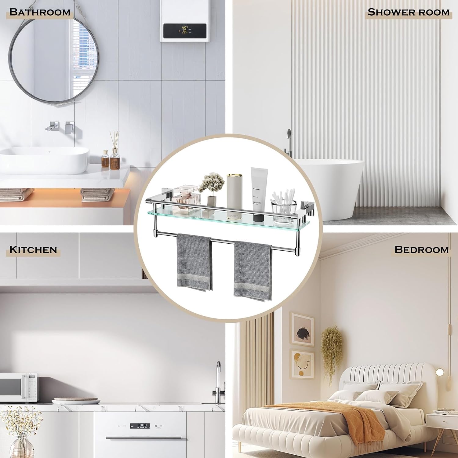 AUCT 18535 - $59 24 Inches Floating Glass Shelves for Wall with Towel Bar/Track, SUS 304 Stainless Stee - Image 4
