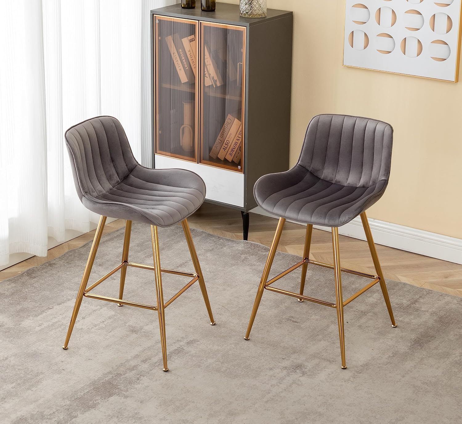 AUCT 18484 - $170 Sidanli Gold Bar Stools, 24" Velvet Barstools, Kitchen Chairs Set of 2 for Counter He