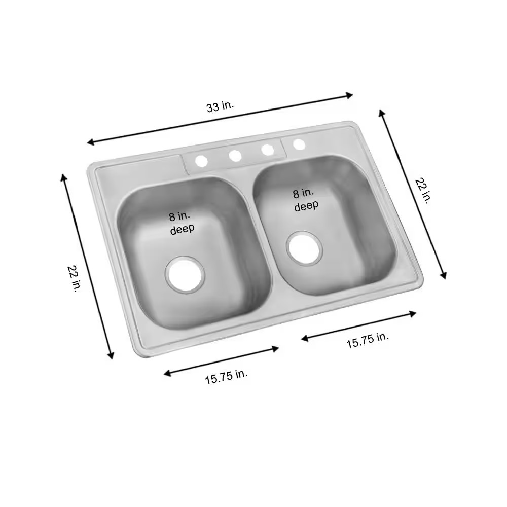 AUCT 18208 - $149 33 in. Drop-in Double Bowl 20 Gauge Stainless Steel Kitchen Sink with 4-Faucet Holes - Image 3