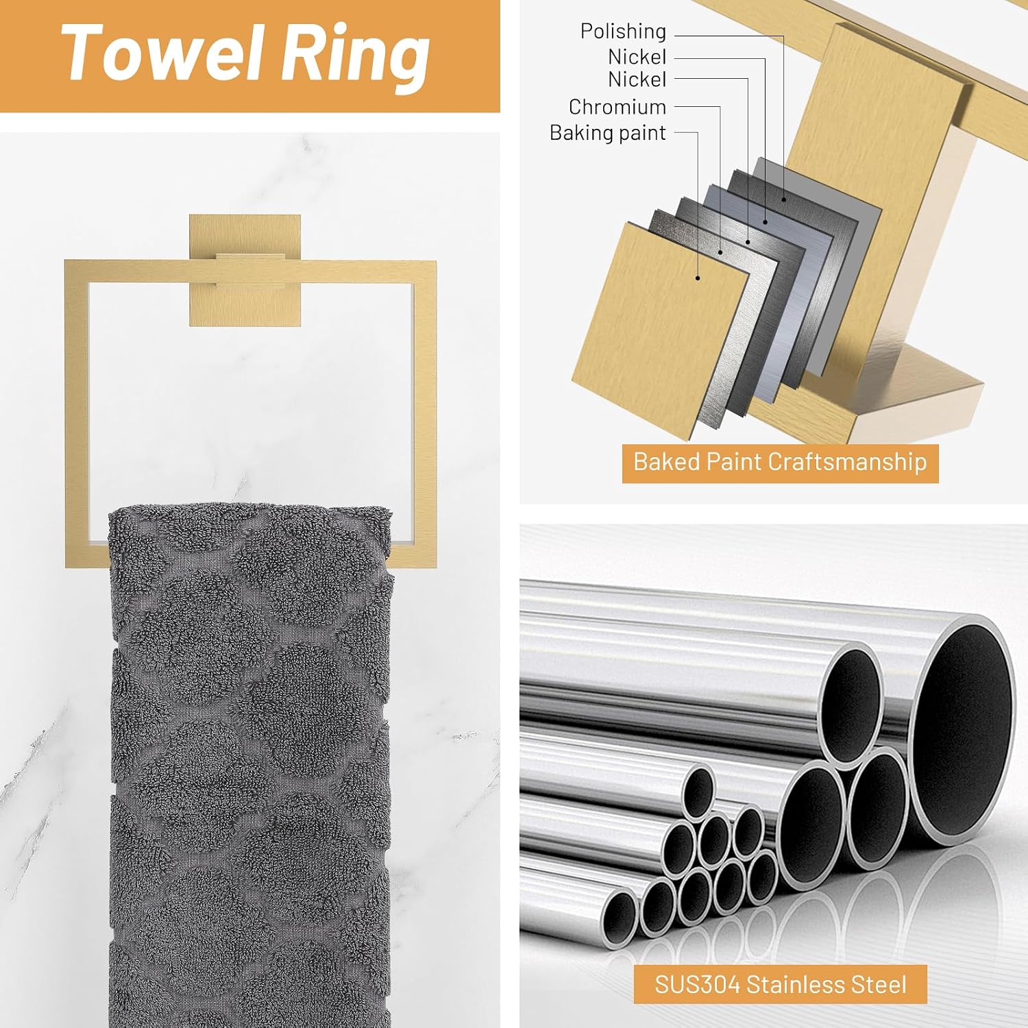 AUCT 20143 - $68 23.6Inch Brushed Gold Towel Bar Set, 10 Pieces Bathroom Accessories Set, SUS304 Stainl - Image 3