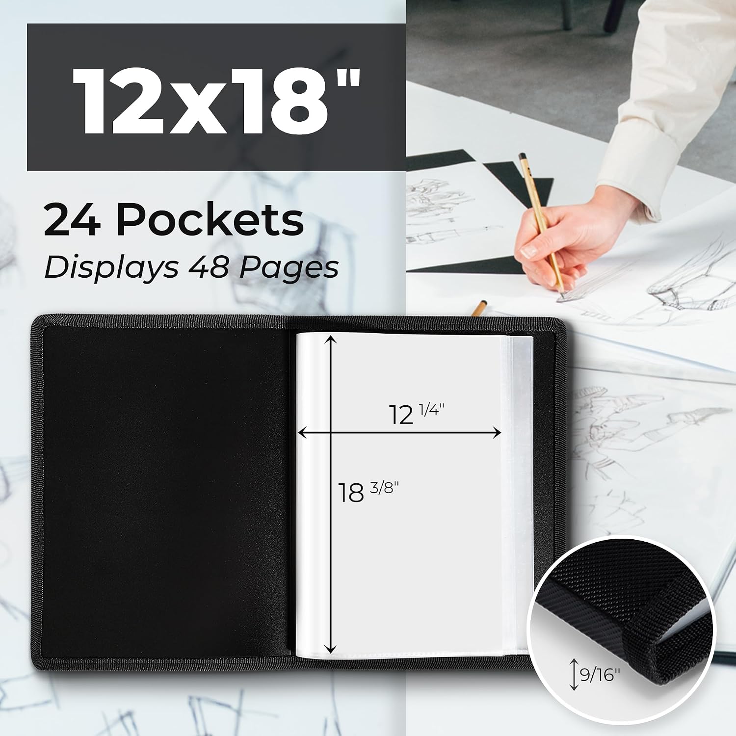 AUCT 18424 - Dunwell 12x18 Art Portfolio Binder, 24-Sleeve, Black Mounting Paper, Black | 24 Clear Slee - Image 2
