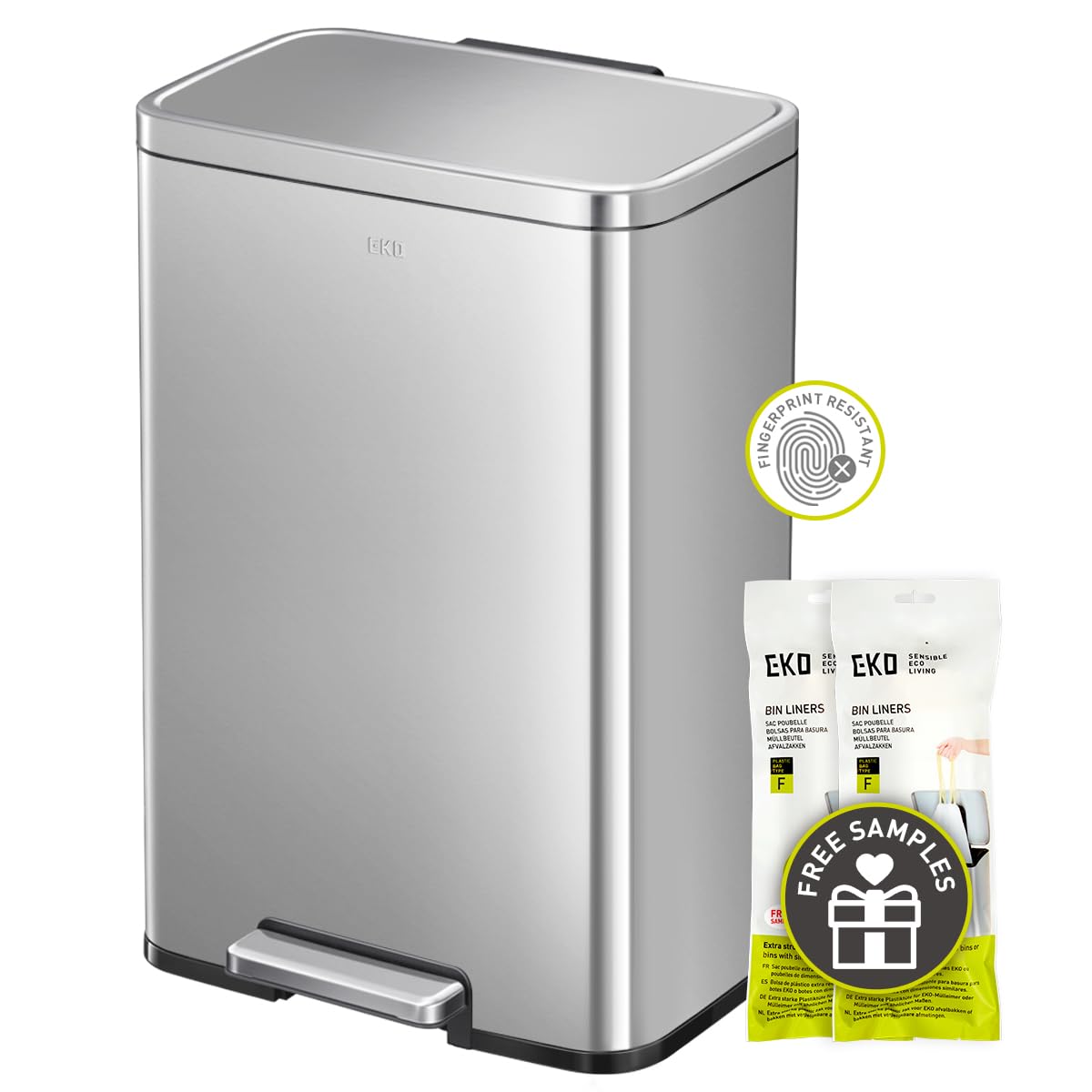 AUCT 18518 - $90 EKO Madison Matte Stainless 50 Liter/13.2 Gallon Step Trash Can w/Inner Liner - Finger