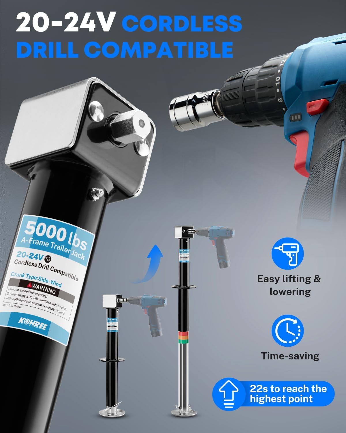 AUCT 19263 - $80 Kohree 5000 lbs Trailer Jack, 20-24V Electric Drill Operated Fast Lifting - Image 3