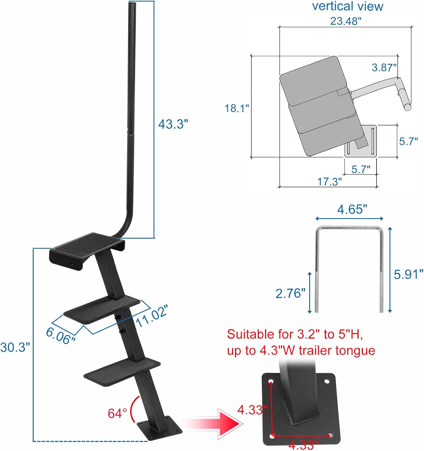 AUCT 18538 - $110 Boat Trailer Step, 3 Steps Ladder for Trailer Tongue with Handrail | Heavy Duty Steel - Image 3