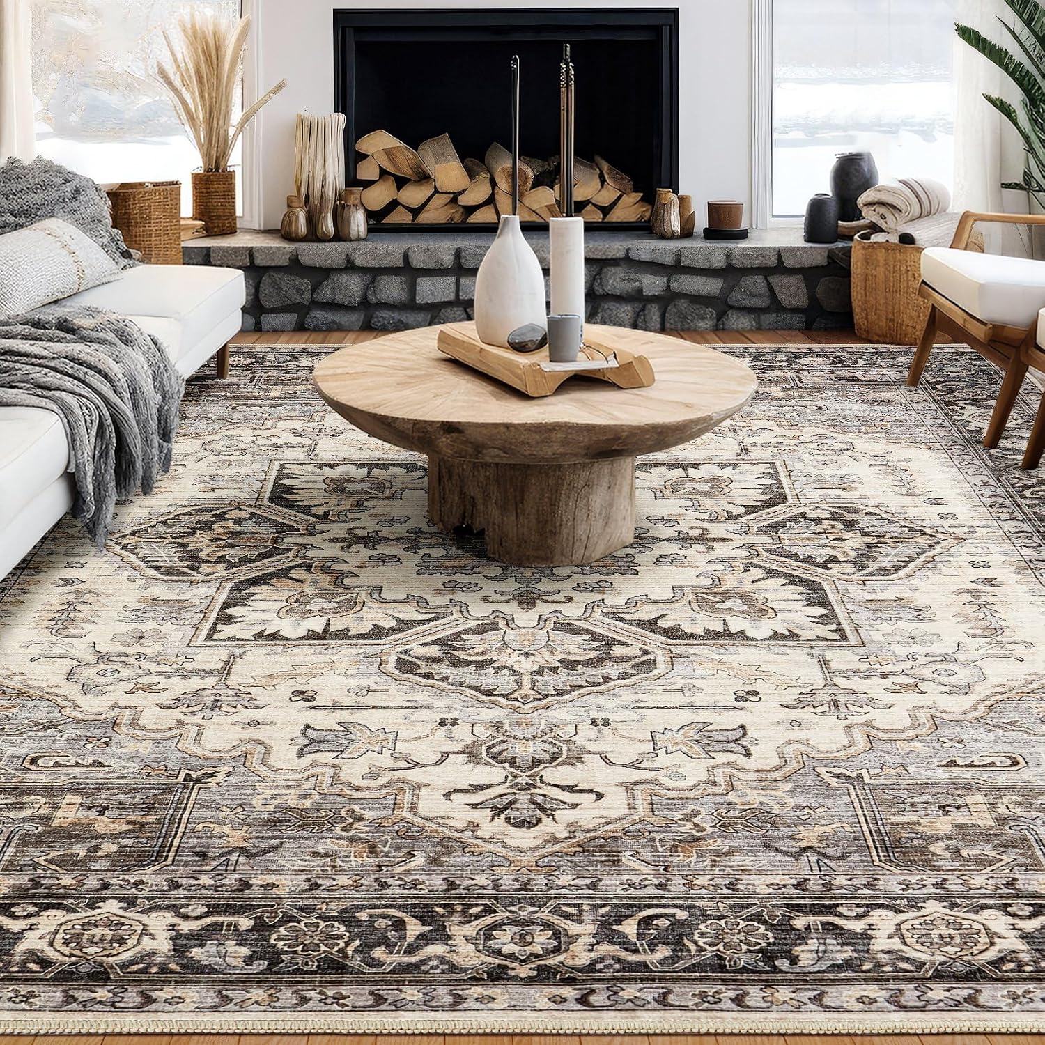 AUCT 18375 - $110 Vintage 9x12 Rugs for Living Room Washable Area Rug Grey Brown | Soft, Pet & Kid Frie - Image 3