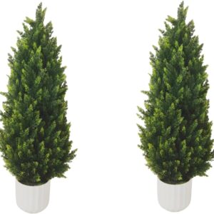 AUCT 19190 - $62 Artificial Cedar Topiary Tree with Potted 3FT, Set of 2 Outdoor Faux Plants UV Resista