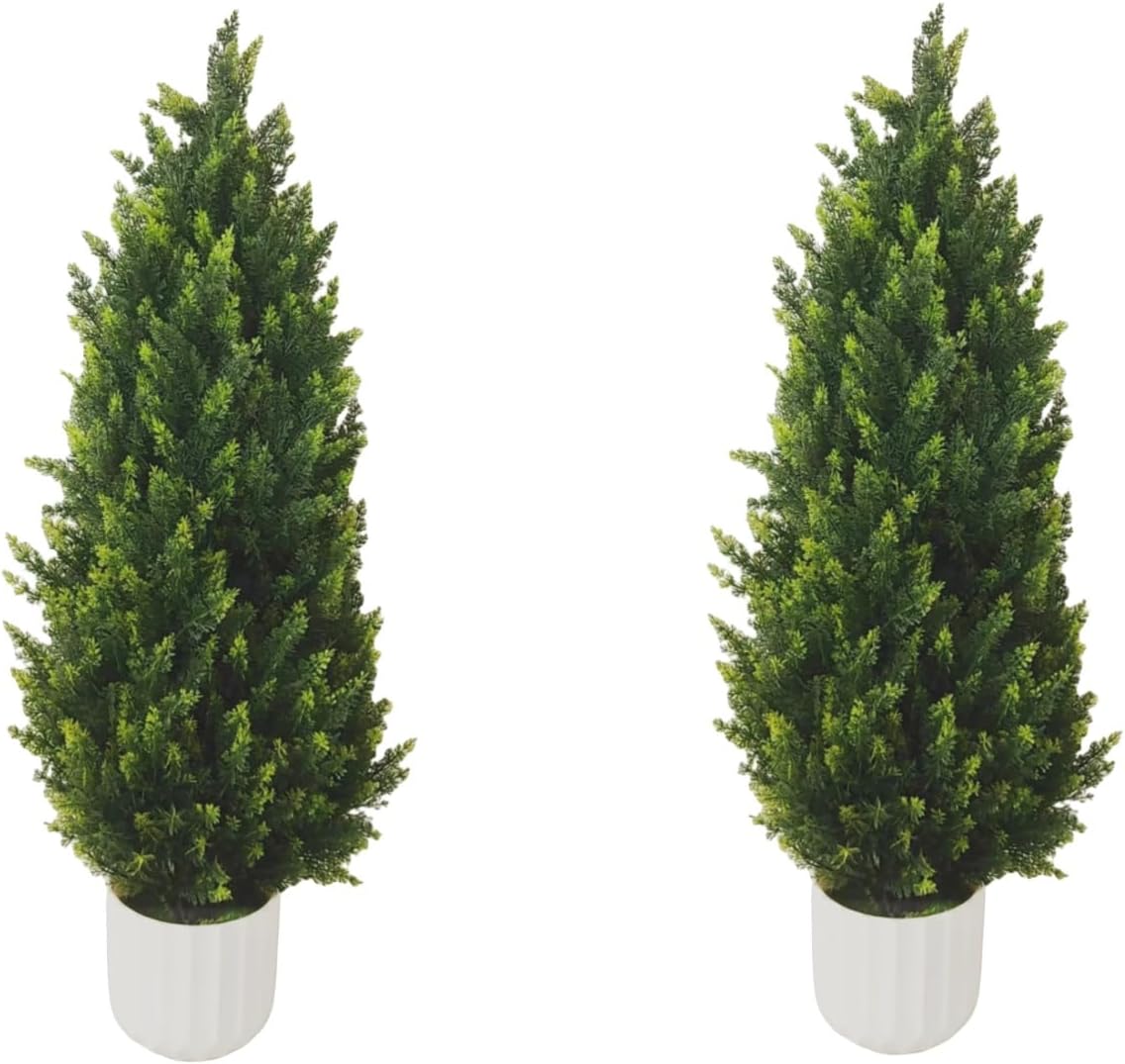 AUCT 19190 - $62 Artificial Cedar Topiary Tree with Potted 3FT, Set of 2 Outdoor Faux Plants UV Resista