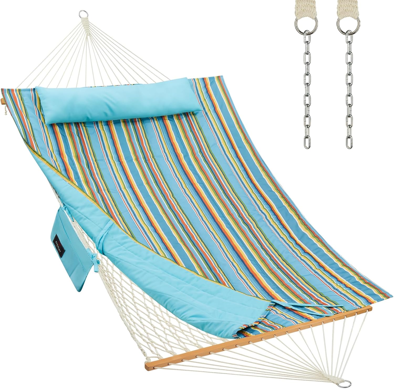 AUCT 17799 - $84 CHULIM Outdoor Double Hammock with Hardwood Spreader Bars, Large Rope Hammock with Pol