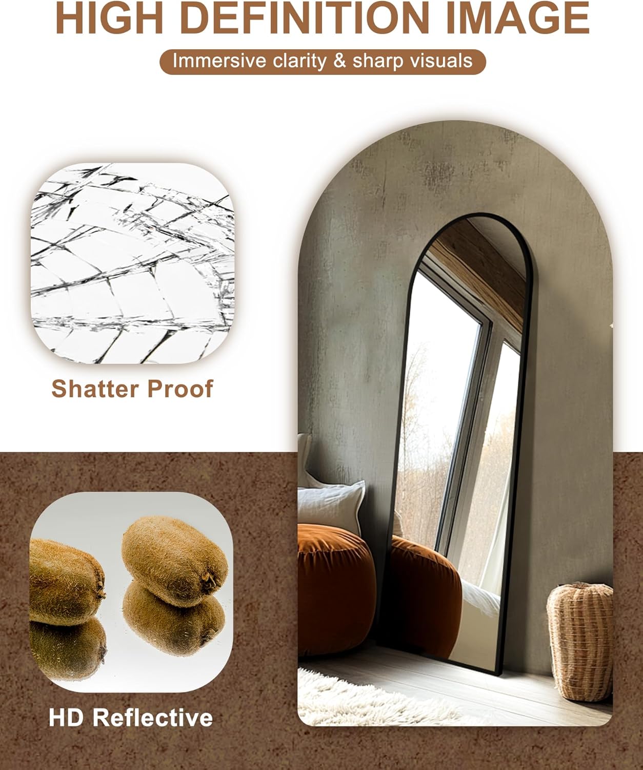 AUCT 18506mm - Arched Full Length Mirror with Stand, Black Floor Mirror | Aluminium alloy frame with HD f - Image 3