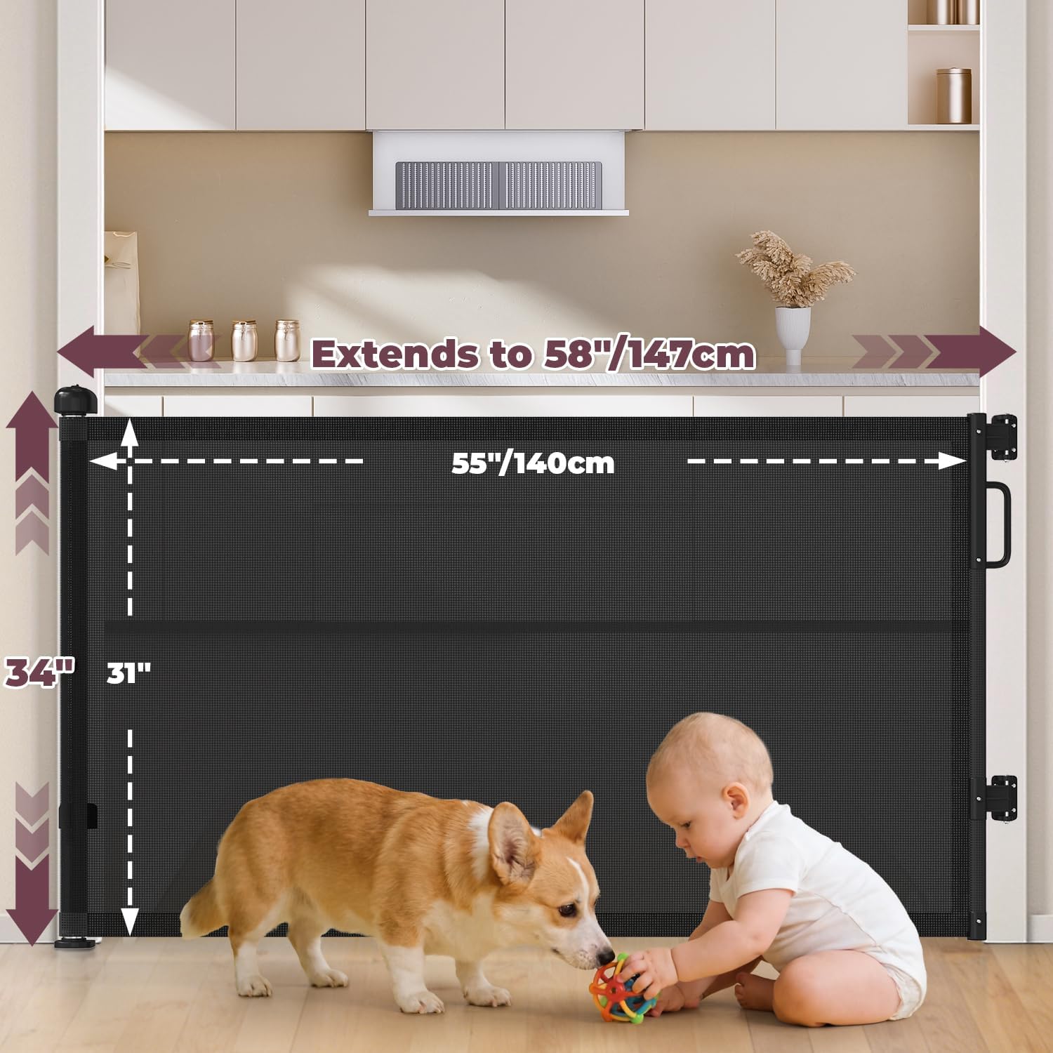 AUCT 18457 - Retractable Baby Gates for Doorway, 58" Wide Mesh Dog Gate for Stair | 34" Tall Toddler Pe - Image 2