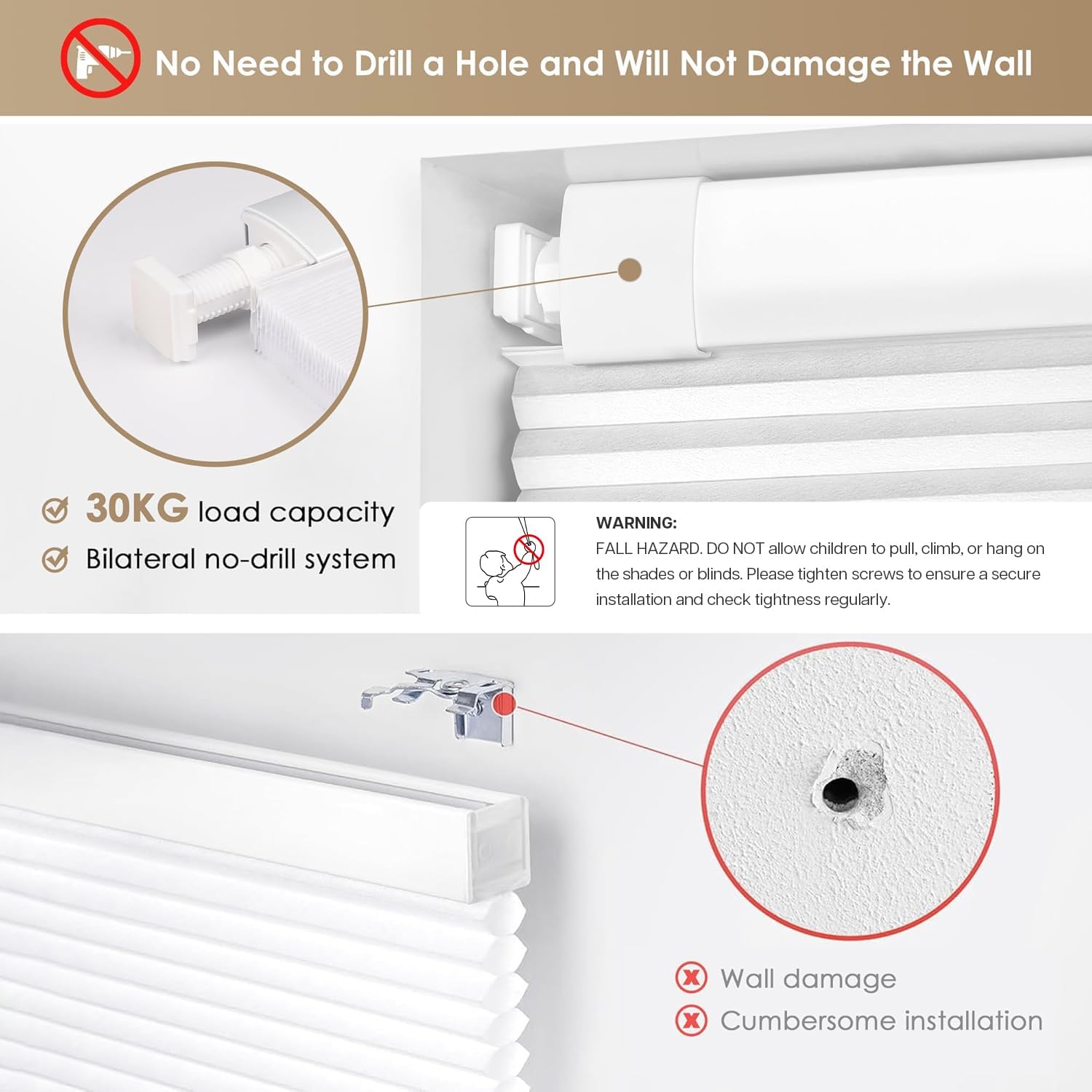 AUCT 18974 - LazBlinds No Drill Cordless Cellular Shades, 22" W x 36" H, White - Image 2