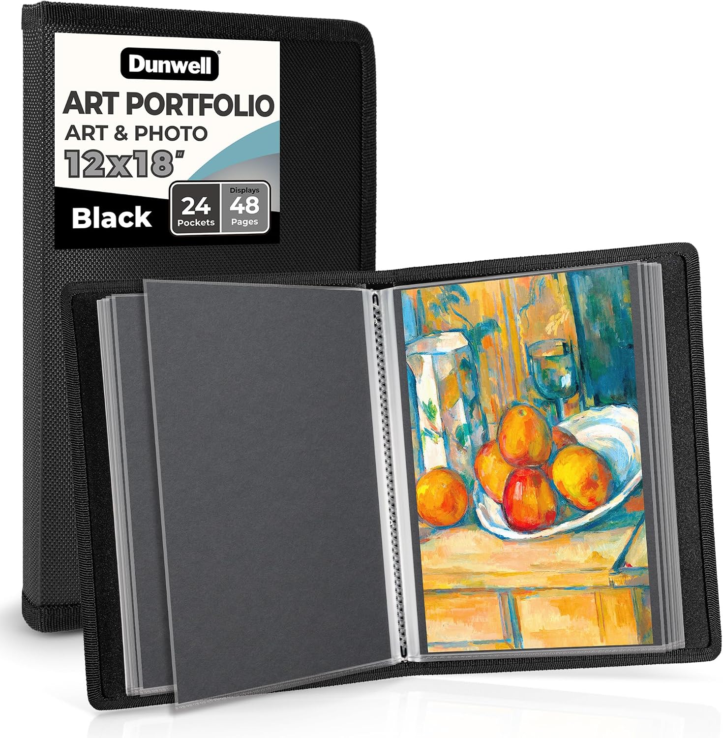 AUCT 18424 - Dunwell 12x18 Art Portfolio Binder, 24-Sleeve, Black Mounting Paper, Black | 24 Clear Slee