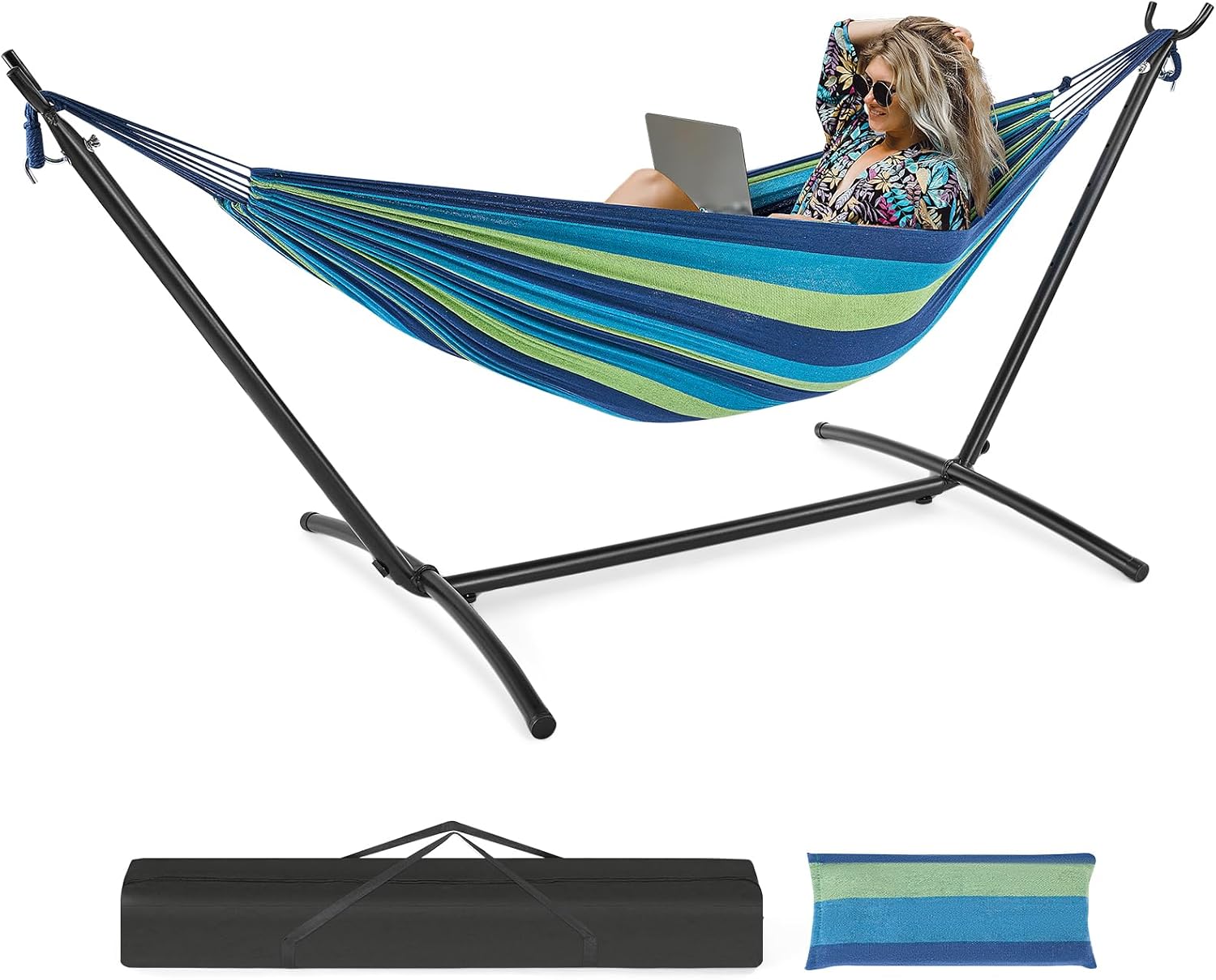 AUCT 18578 - $76 NEWBULIG Double Hammock with Stand, Heavy Duty Portable Hammocks for Outdoor Indoor Pa