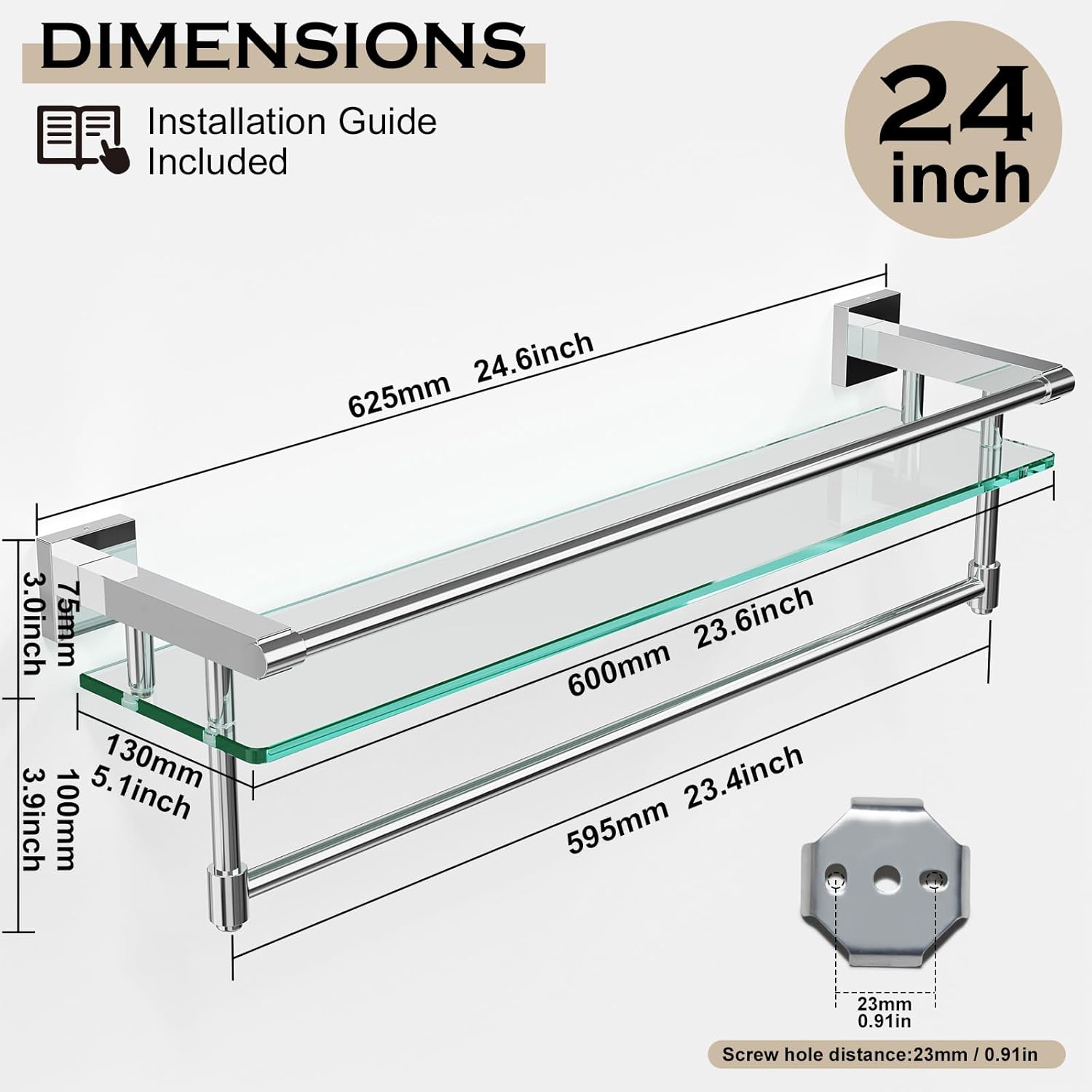 AUCT 18535 - $59 24 Inches Floating Glass Shelves for Wall with Towel Bar/Track, SUS 304 Stainless Stee - Image 3