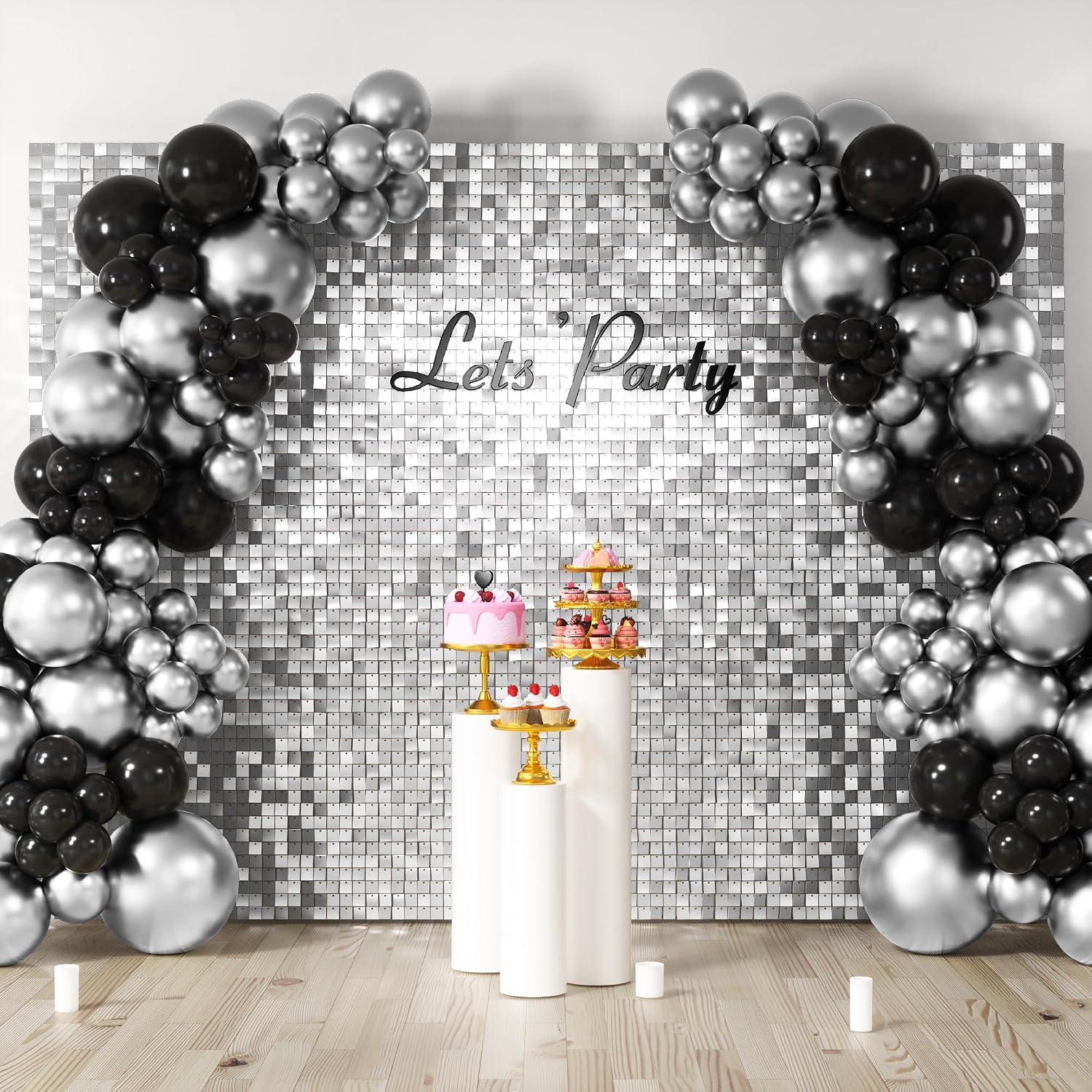 AUCT 18586 - $120 COKAOBE LiteGrid Series Shimmer Wall Backdrop - 48Pcs Silver | Square Sequin Shimmer
