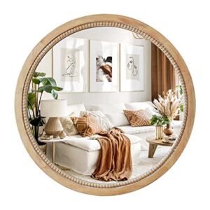 AUCT 19177m - $70 Round Wood Mirror,24" Circle Farmhouse Vanity Boho Bathroom Wall Mirrors