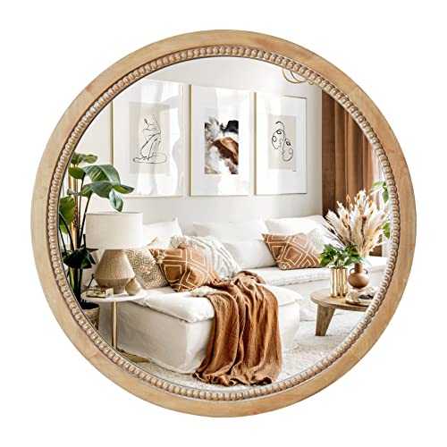 AUCT 19177m - $70 Round Wood Mirror,24" Circle Farmhouse Vanity Boho Bathroom Wall Mirrors