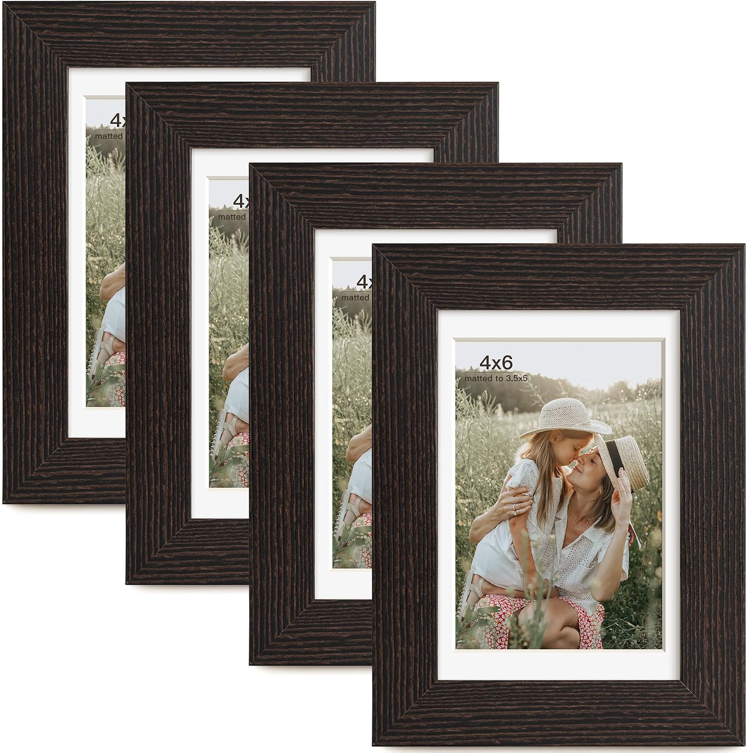 AUCT 19476 - $55 Momentworth 4x6 Picture Frame with Mat for 3.5x5, Distressed Black Wood Grain Gallery