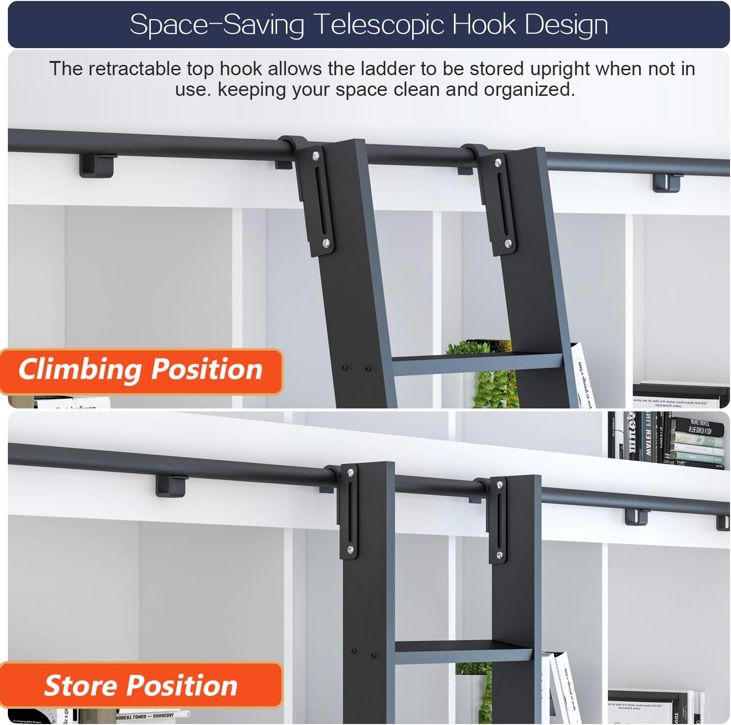 AUCT 18325l - $352 87" Hook-On Sliding Library Ladder with 3.3FT Track, Lightweight | Rolling Ladder wit - Image 4