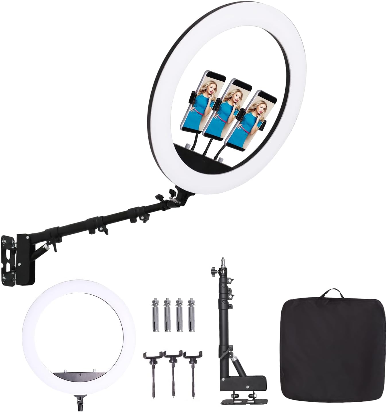 AUCT 19070 - $140 25 ' Ring Light Wall Mount with Phone Holder, Overhead Stand