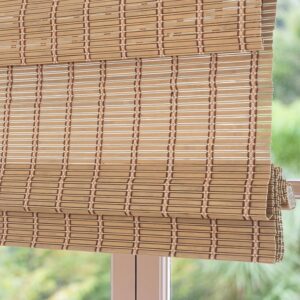 AUCT 19780 - $53 Cordless Woven Wood Roman Shades, 22.5" W x 48" H, Natural Caramel Brown