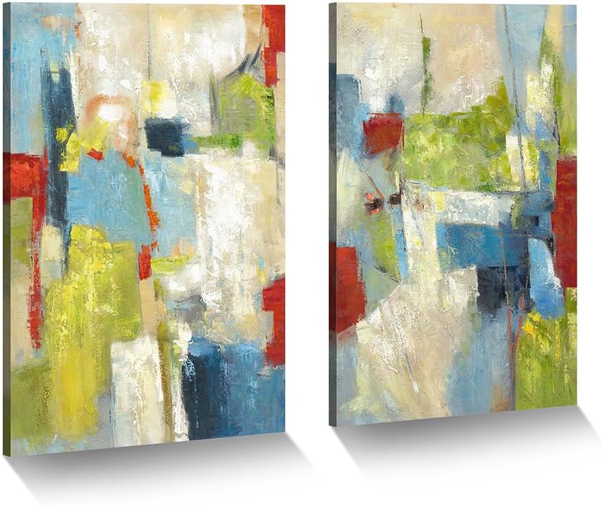 AUCT 19326 - $62 ArtSquare Abstract Canvas Wall Art: Hand Painted Colorful Graffiti Prints 2 Pieces Gre