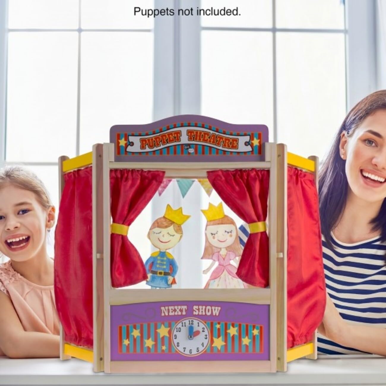 AUCT 18487 - HEY! PLAY! Puppet Theater for Kids, 30" x 26" | Wooden Tabletop Stage with Curtains, Black - Image 2