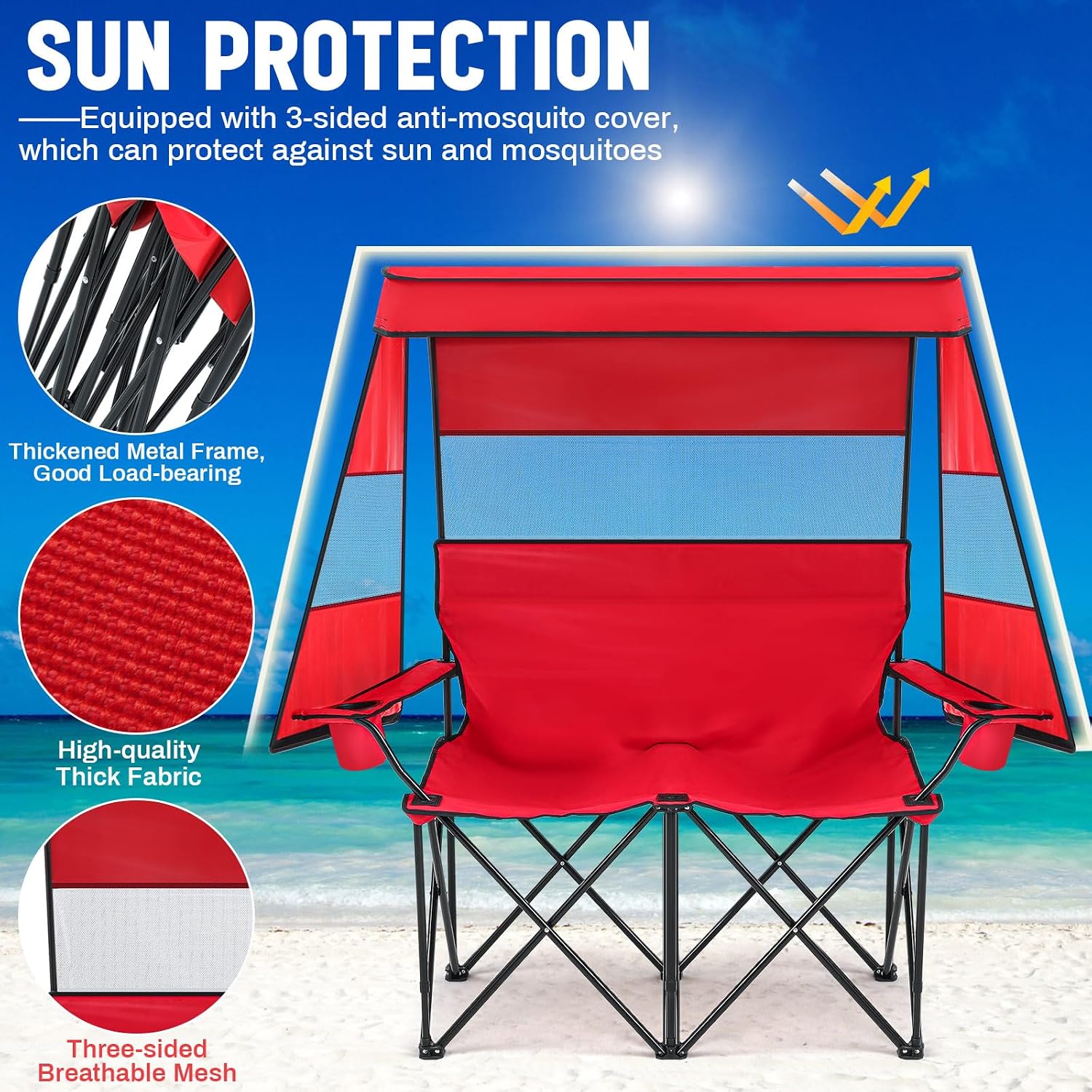 AUCT 17794 - $67 Double Camping Chair with Shade Canopy, 2 Person Beach Chair with Cup Holder Carrying - Image 3