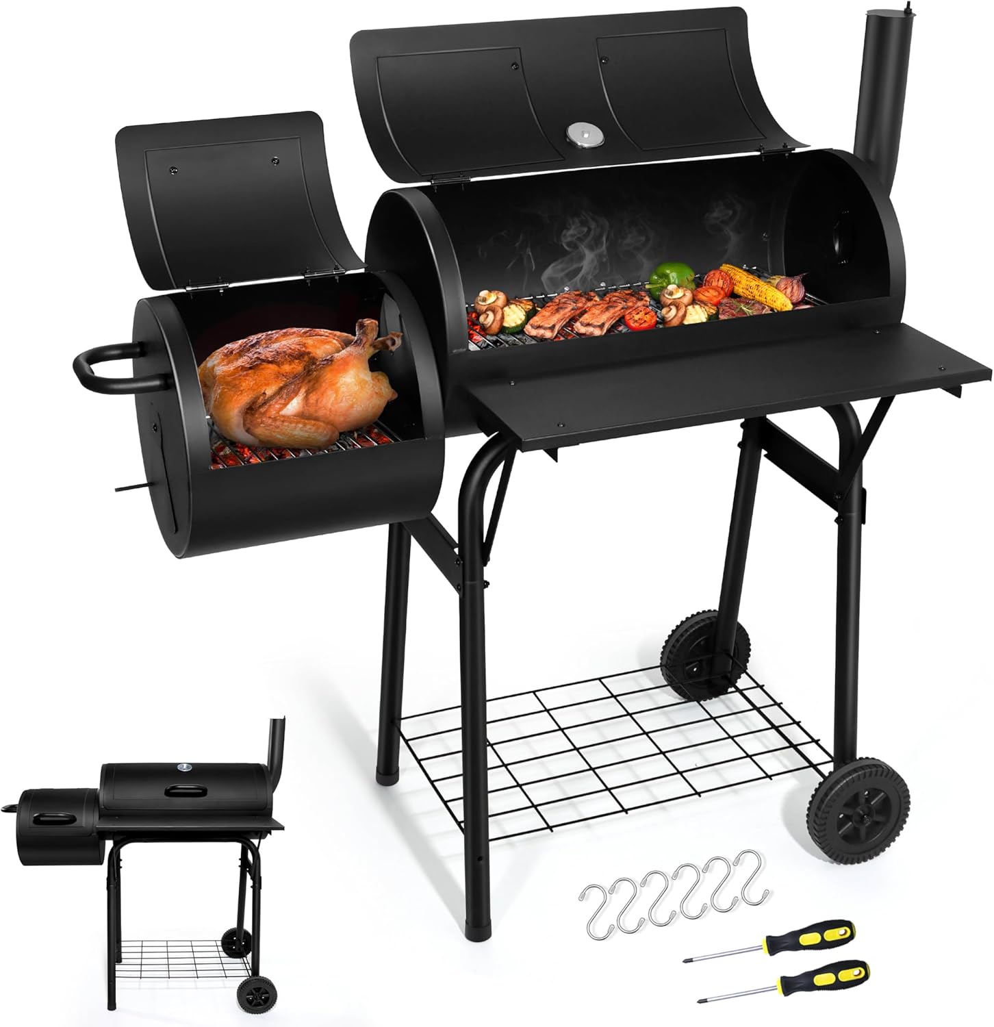 AUCT 18504 - $108 Joyfair Charcoal Grill with Offset Smoker, Outdoor BBQ Camping Barrel Grill | 551 Sq.