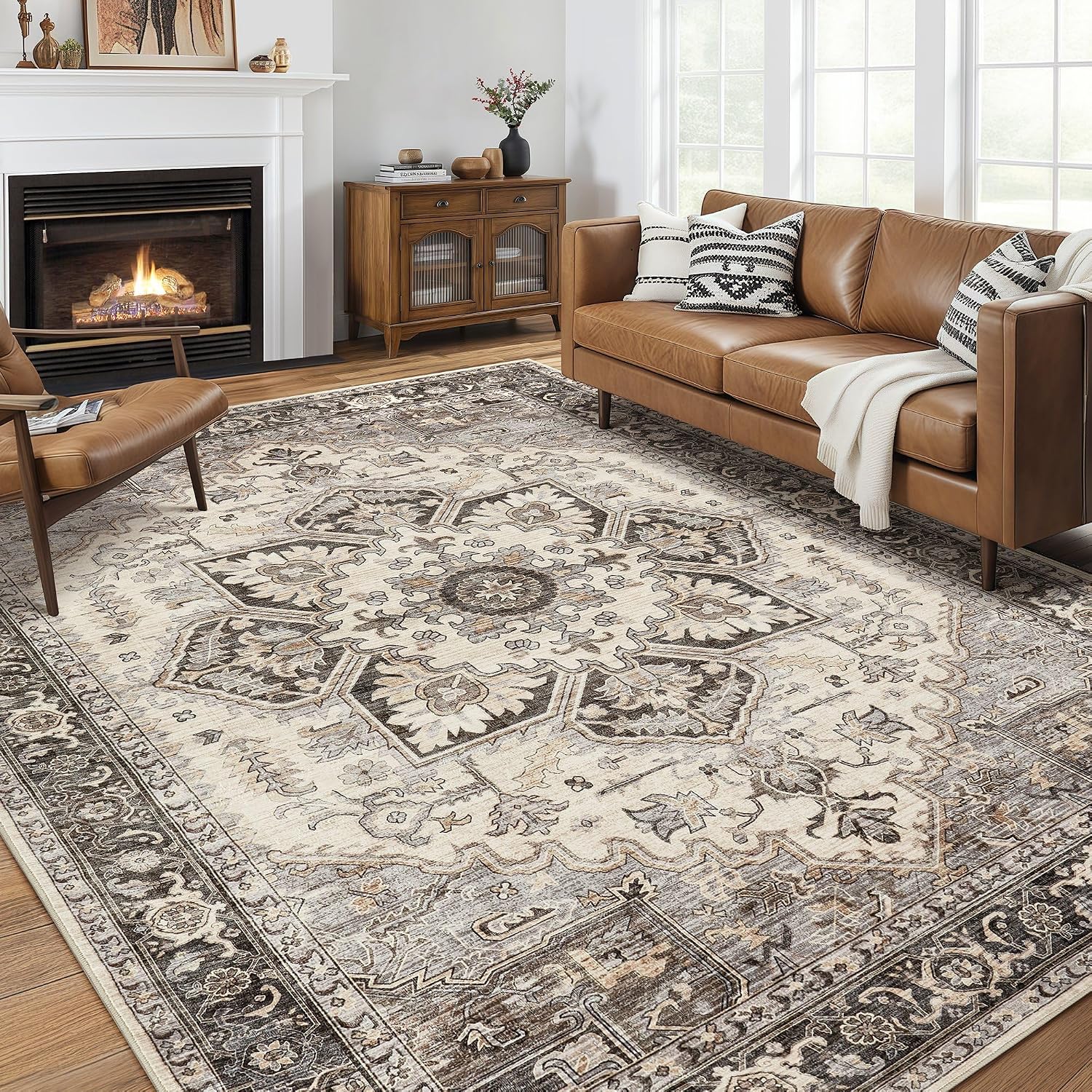 AUCT 18375 - $110 Vintage 9x12 Rugs for Living Room Washable Area Rug Grey Brown | Soft, Pet & Kid Frie
