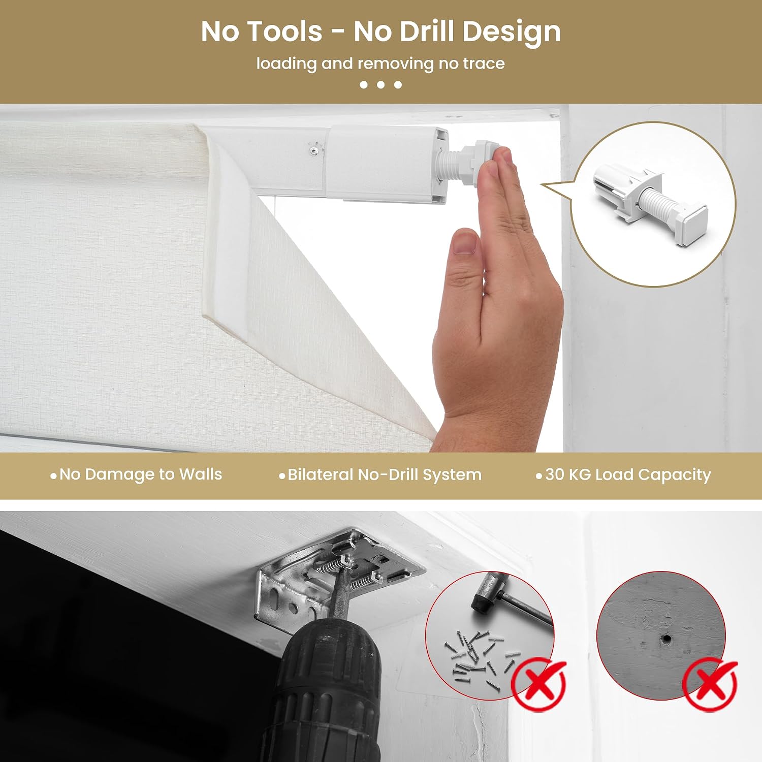 AUCT 19669 - No Tools No Drill Light Filtering Roman Shades, White, 22"W 48"H - Image 3