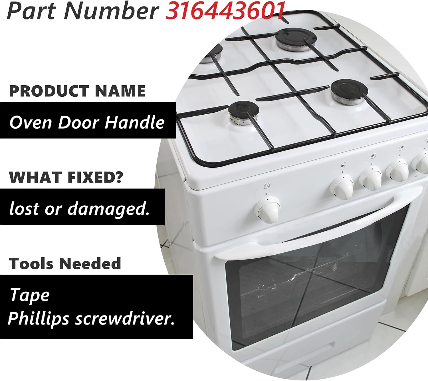 AUCT 19574 - 316443601 Oven Door Handle Appliance Replacement with 2pcs 316433300 Screws - Image 2