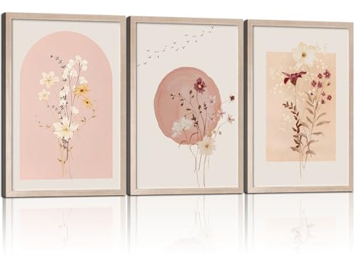 AUCT 18806 - $62 MochaMilly 3Pcs Framed Watercolor Flower Wall Art Wildflower Floral Wall Decor Picture