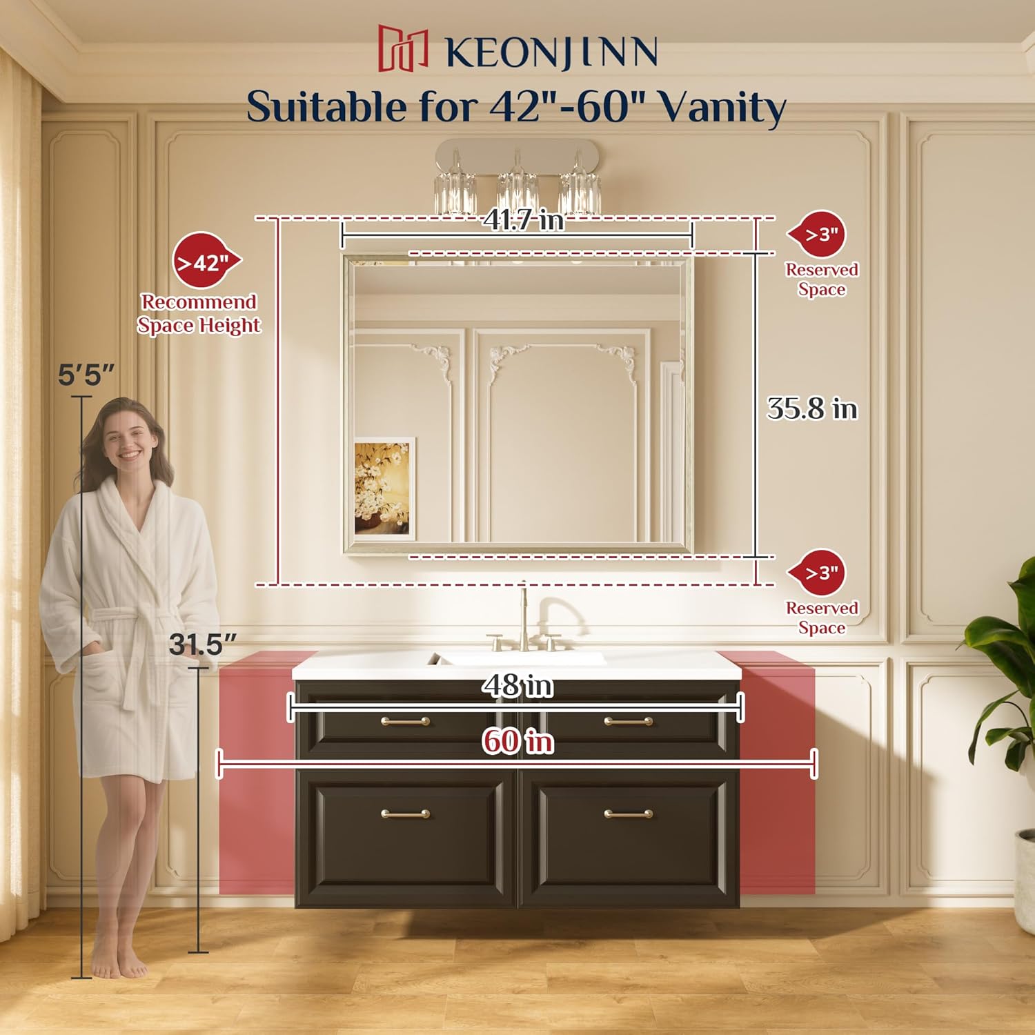 AUCT 18333m - $140 Keonjinn Brushed Nickel Bathroom Vanity Mirror 42 x 36 Inch, Tempered Glass | Aluminu - Image 2