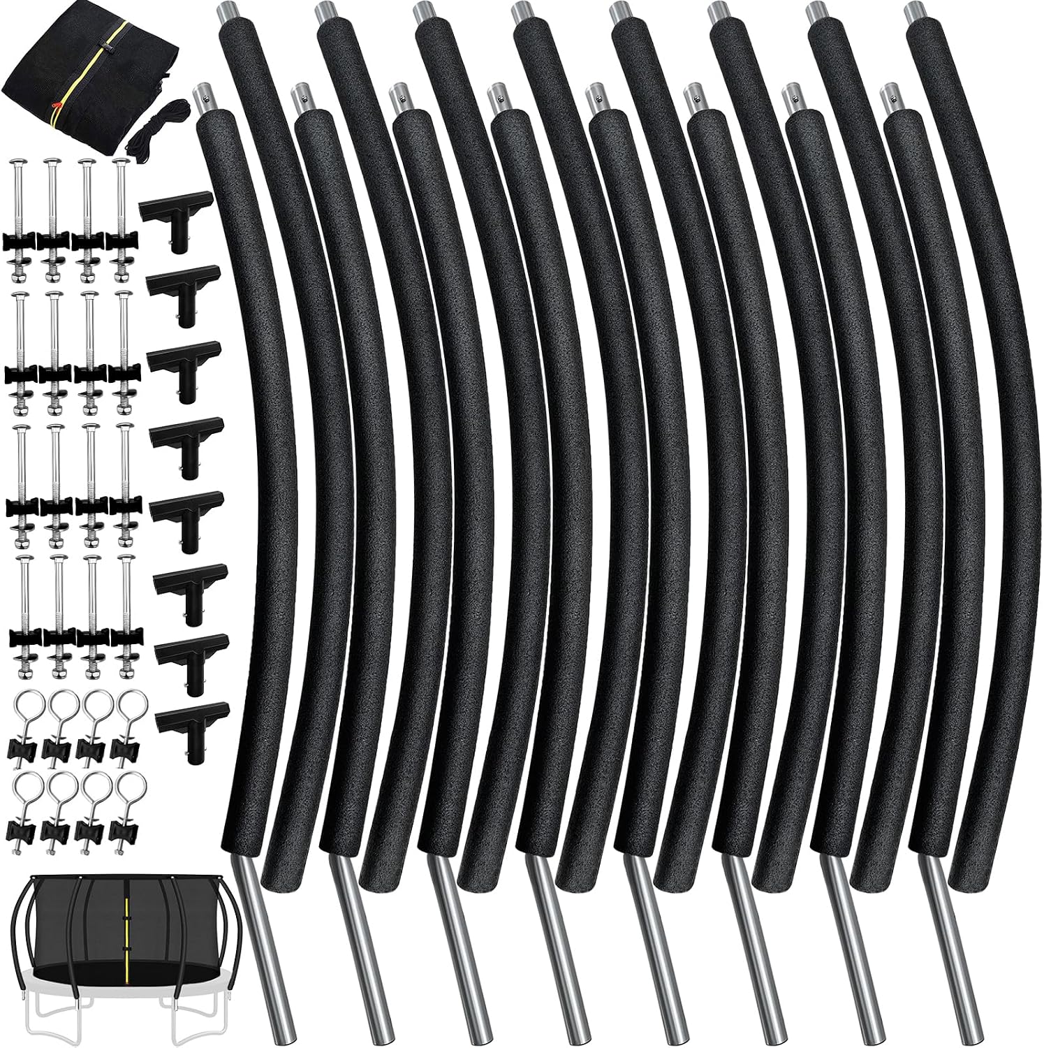 AUCT 18753 - $150 14 ft 8 Pcs Trampoline Curved Poles with Enclosure Net | Safety enclosure net and 8 c