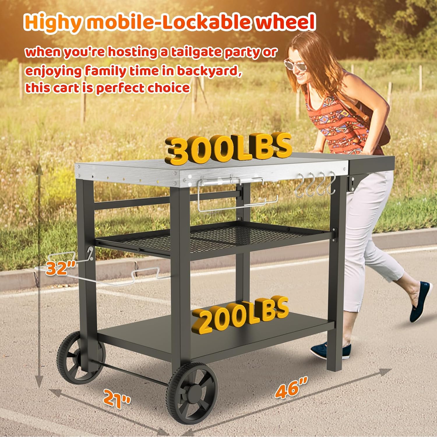 AUCT 20164 - $152 Outdoor Kitchen Island, Grill Table Cart with Drawer, Pizza Oven Stand, Movable 3-She - Image 3