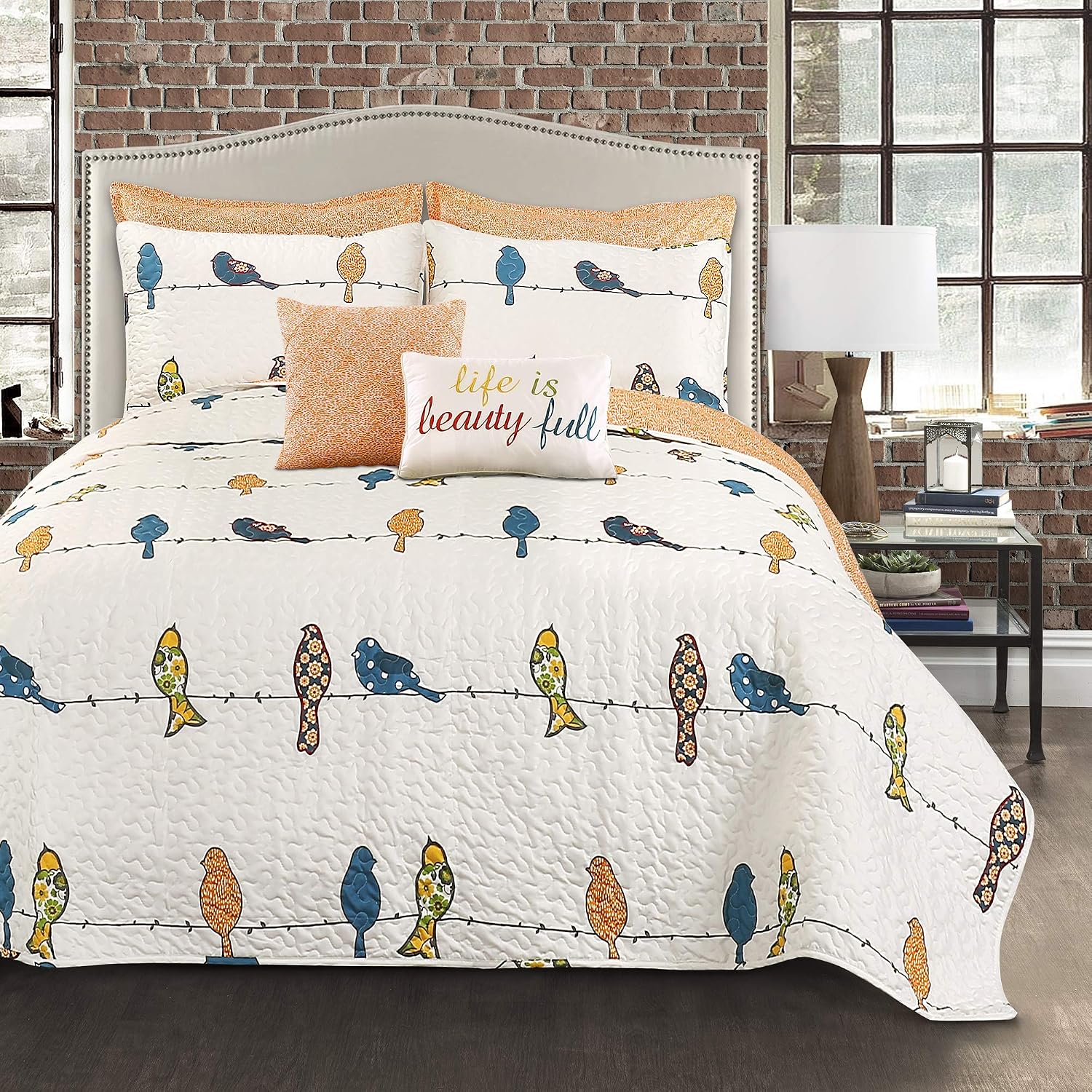 AUCT 18587 - $86 Lush Decor Rowley Birds Quilt Set, 7 Piece Set, Full/ Queen, Multi - Reversible Bird B