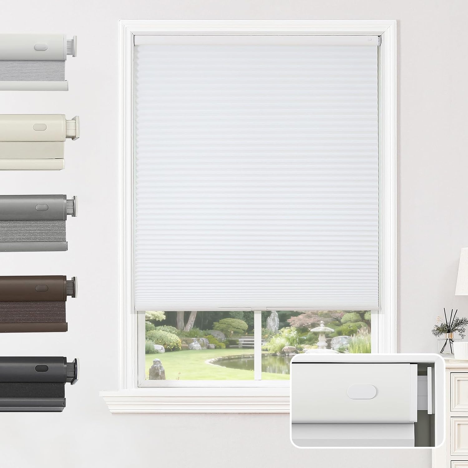 AUCT 19279 - $70 Joydeco No Drill Cordless Blackout Cellular Shades, 35" W x 64" H, White