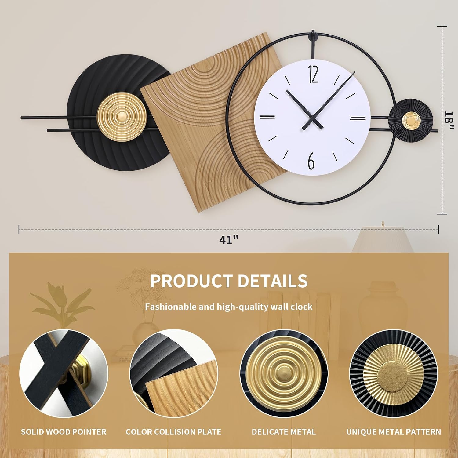 AUCT 18349 - $85 37.7X21Inch Large Modern Wall Clock | Geometric Dial-Solid Wood Metal Frame Silent Non - Image 2