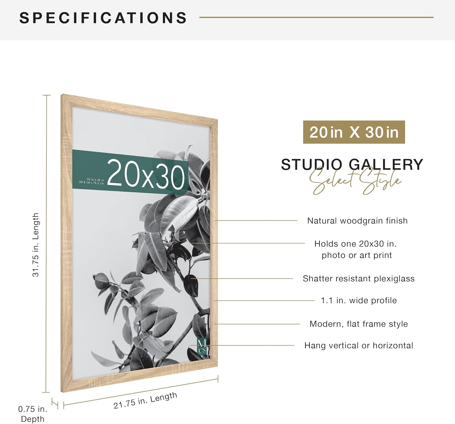 AUCT 18507mm - MCS Studio Gallery Poster Frame, 20x30, Natural Woodgrain, 1-Pack | Studio Gallery Poster - Image 4