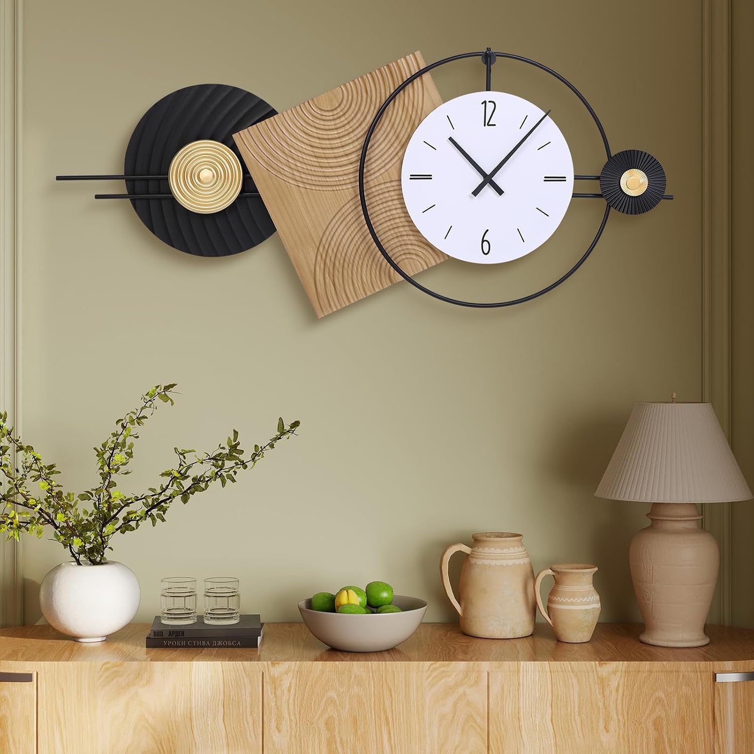 AUCT 18349 - $85 37.7X21Inch Large Modern Wall Clock | Geometric Dial-Solid Wood Metal Frame Silent Non