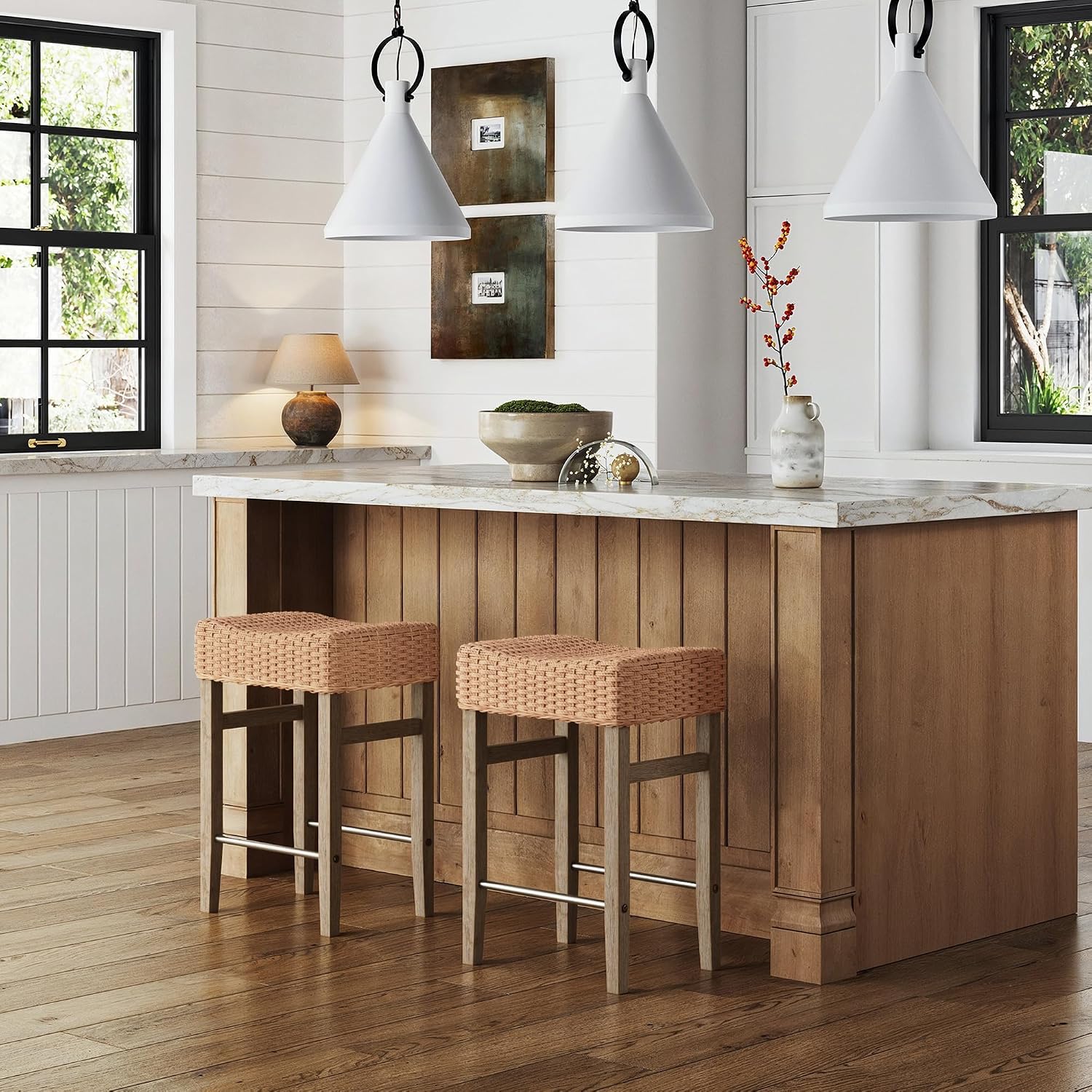 AUCT 17699 - $215 Nathan James Harvey Rattan Bar Stool, Bohemian Counter Height Stool with Woven Seagra - Image 3