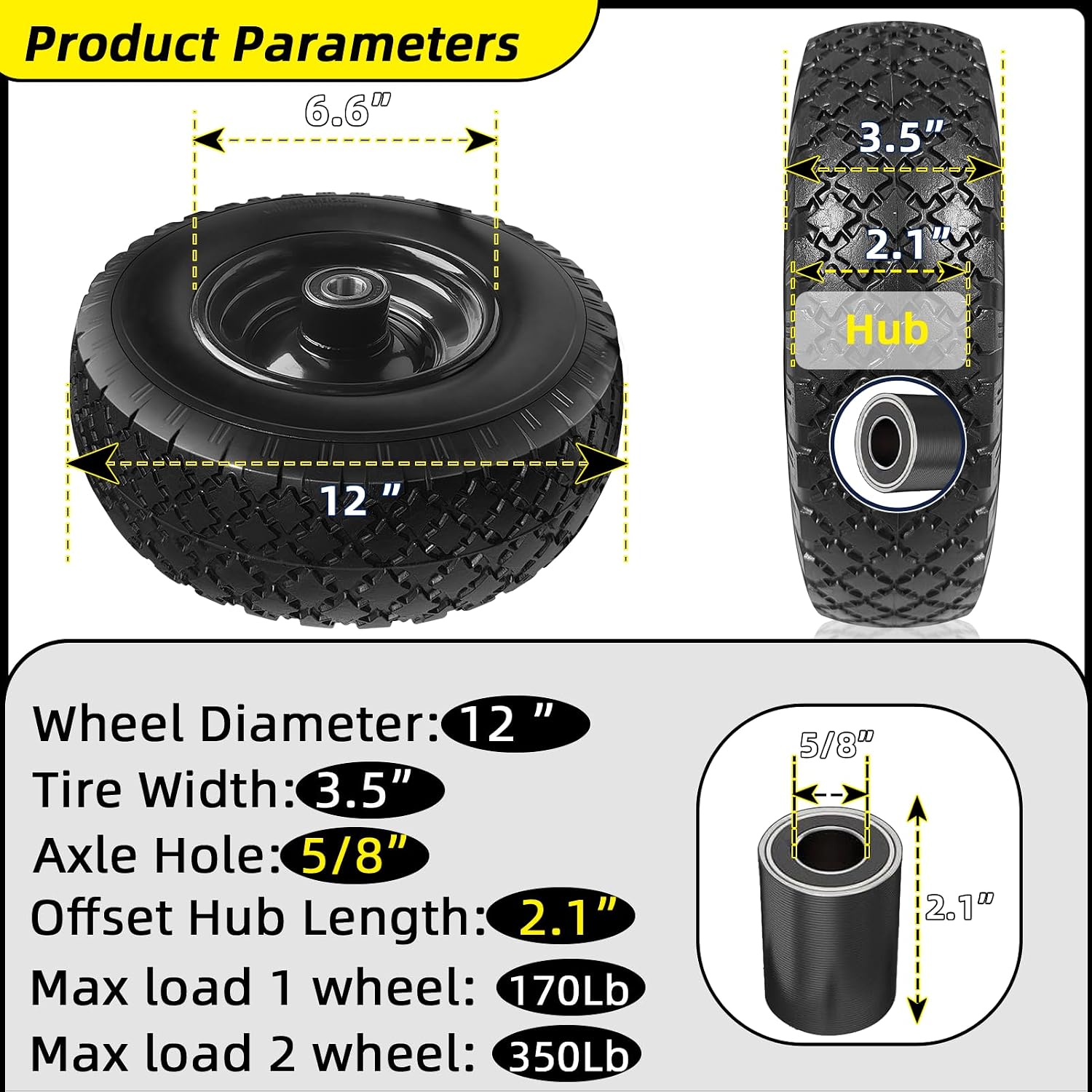 AUCT 19903 - $54 12' Flat Free Tires Rubber Replacement Solid Tire, 2.1" Offset Hub Wheel Assemblies fo - Image 3