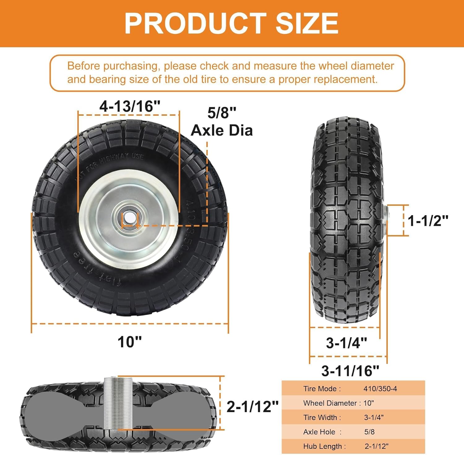 AUCT 19904 - $52 10" Solid Tires, 4.10/3.50-4 Tire and Wheel Flat Free, Gorilla Cart Tires Replacement, - Image 2