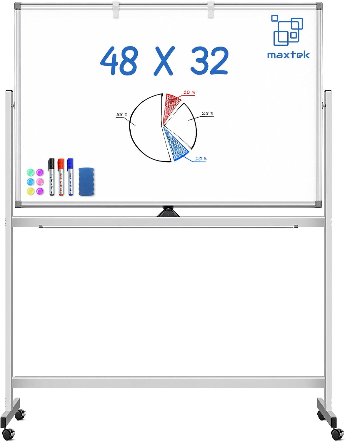 AUCT 17745mm - $110 Maxtek Rolling White Board on Wheels 48x32 in, Double-Sided Magnetic Stand | Mobile D