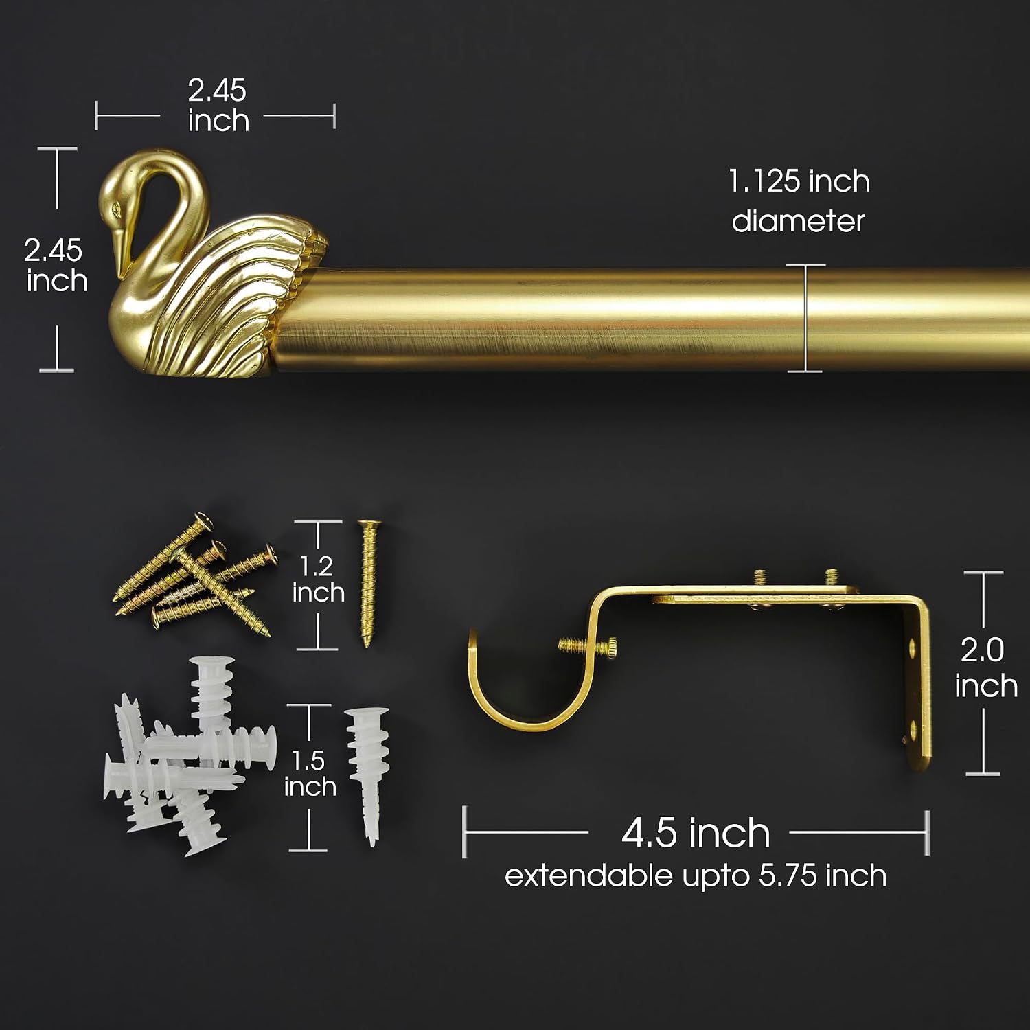 AUCT 18976 - 1-1/8 Inch Diameter Brushed Gold Curtain Rods with Swan Finial, 36-72' Telescoping Single - Image 3