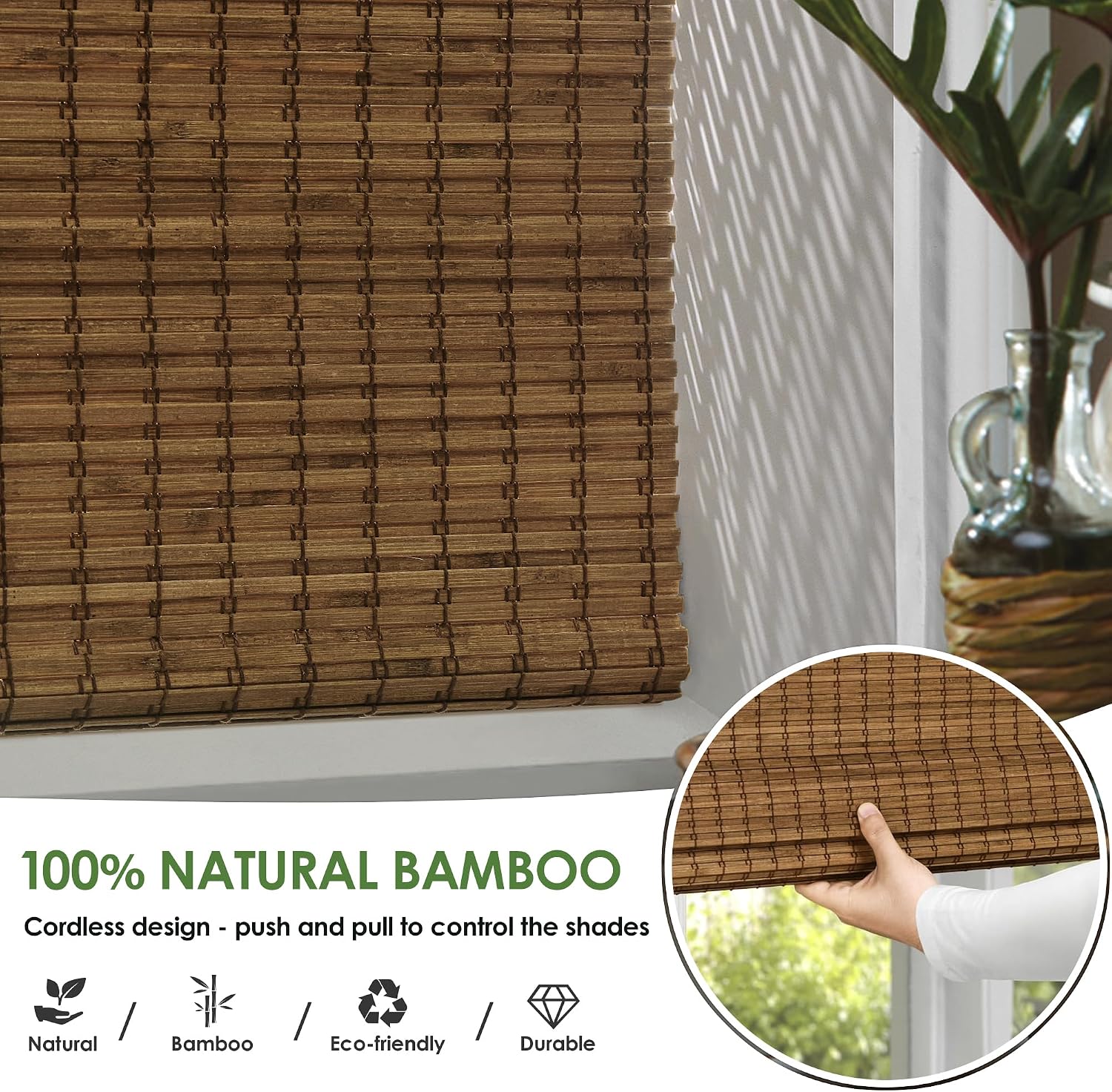 AUCT 19820 - LazBlinds Cordless Bamboo Roman Shades, 33x64, Highfield Teak - Image 2