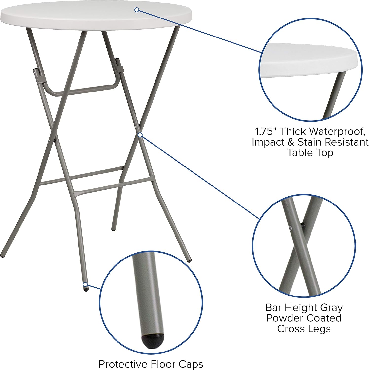 AUCT 18100 - $62 Flash Furniture 2.63 ft Plastic Round Folding Bar Table, Granite White - Image 4
